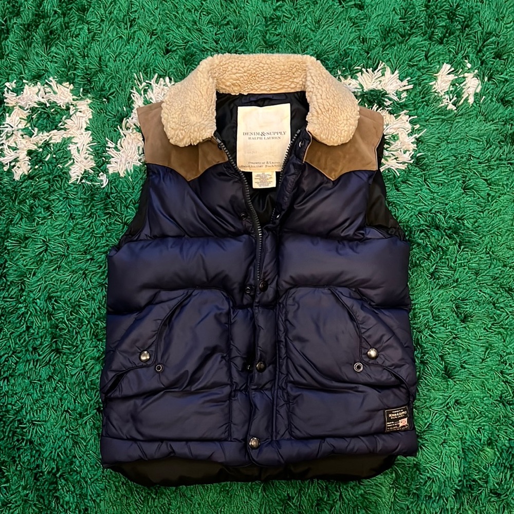 Denim & Supply Ralph Lauren Navy Puffer Vest with Tan Collar